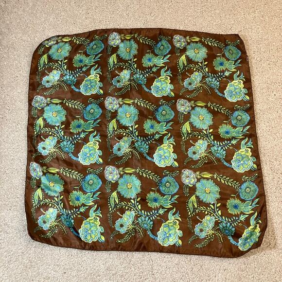Brown and blue green floral satin square scarf neckerchief, bohemian boho chic - Picture 7 of 9